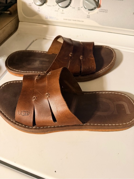UGG Men’s Brown Leather Slide Sandals Comfort Casual Slip On Slides Size 12 main image 4